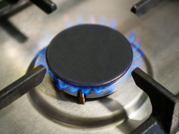 Closeup of a gas burner with burning gas Natural gas