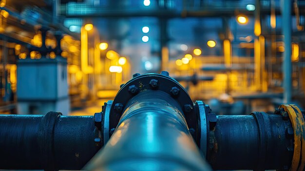 Closeup of a gas pipe junction with ample space for copy on a blurred industrial background