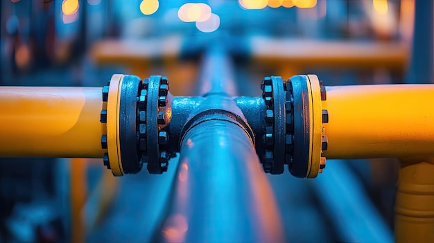 Photo closeup of a gas pipe junction with ample space for copy on a blurred industrial background