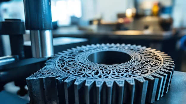 Photo closeup of a gear etched with intricate designs set against an industrial backdrop