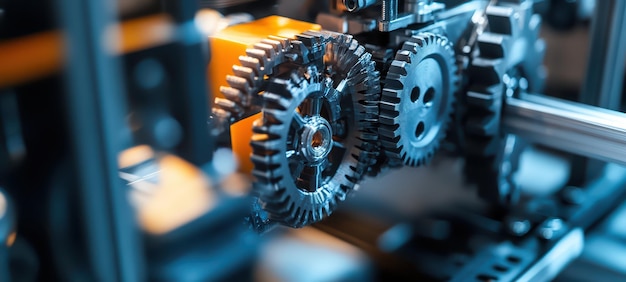 Photo a closeup of the gears and mechanics inside a 3d printer