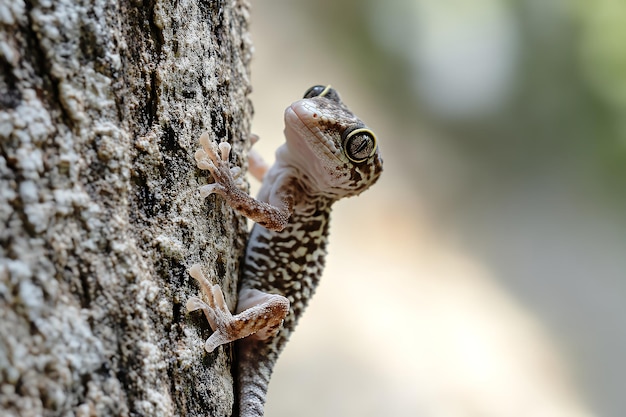 Photo closeup of a gecko clinging to a tree trunk its large eyes staring directly at the camera