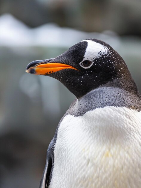 Photo closeup of a gentoo penguin with vibrant orange beak in natural habitat