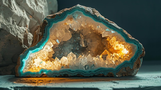 Closeup of a geode with a teal border and light reflecting from the crystals inside