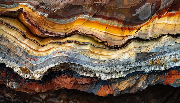 Photo closeup of geological rock layers showcasing distinct colors and textures highlighting