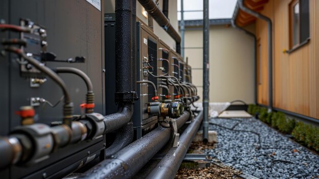 Photo closeup of a geothermal heating system detailed image showing the pipes and components of a geothermal heating system installed in a residential area photography