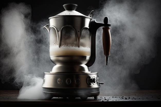 Closeup of geyser coffee maker with steam rising from the spout