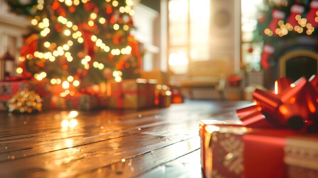 Closeup of a gift box in red paper and golden ribbon on wooden floorboards with a blurred background of a Christmas tree and fireplace