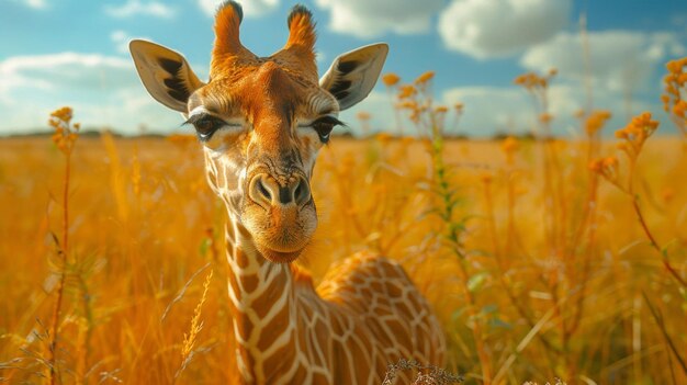 Closeup of giraffe in golden field generative ai