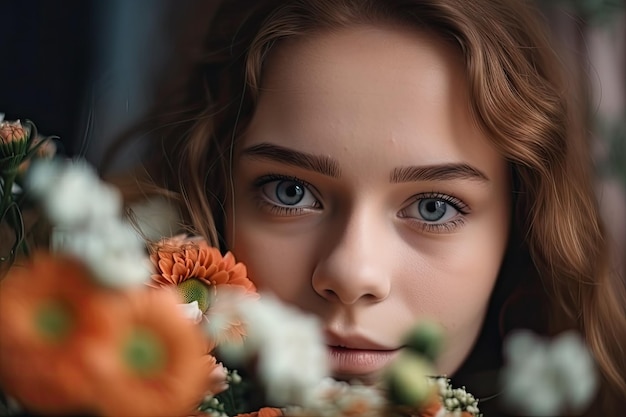 Closeup of girl's face with a bouquet of fresh flowers created with generative ai