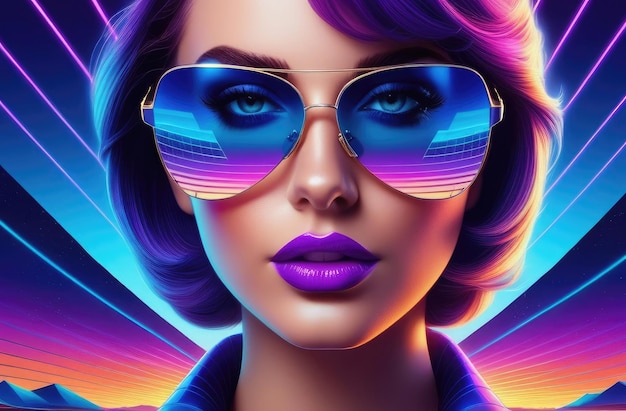 closeup of girl in sunglasses at sunset with 80s vibes 3D virtual reality landscape in 1980s style