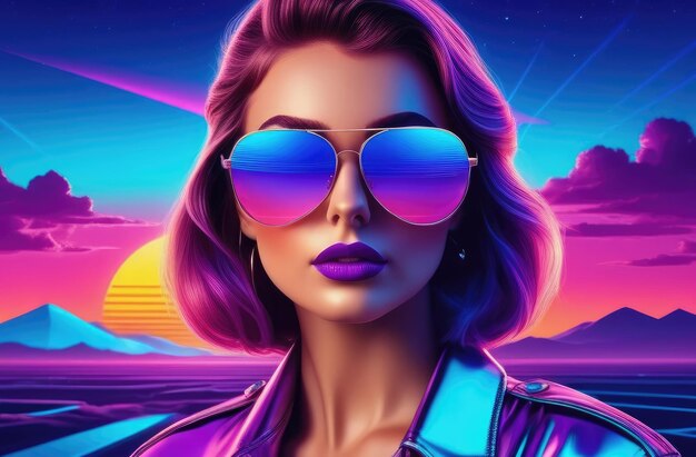 Photo closeup of girl in sunglasses at sunset with 80s vibes 3d virtual reality landscape in 1980s style