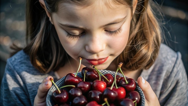 Photo closeup girl with cherries