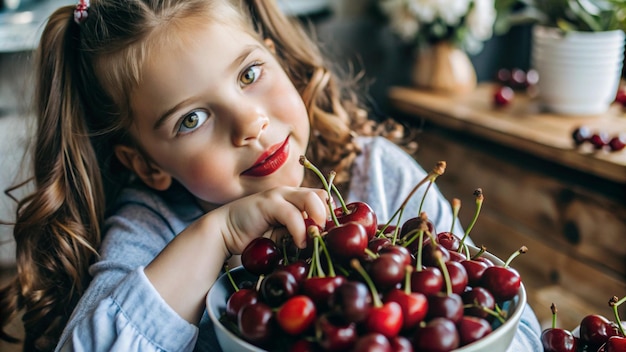 Photo closeup girl with cherries