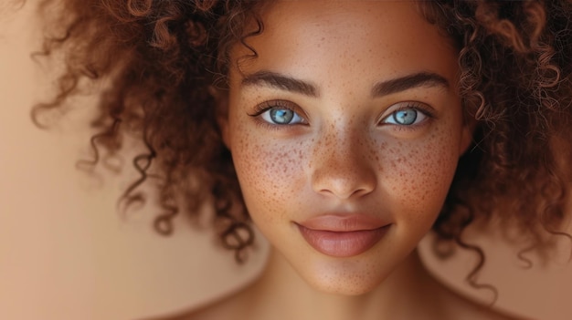 closeup of girl with dark skin curly red hair expressive light eyes and freckles on her face on beige background natural natural beauty