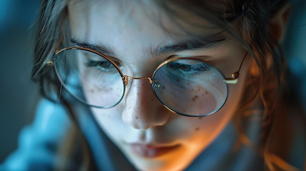 Closeup of girl with glasses focusing intently