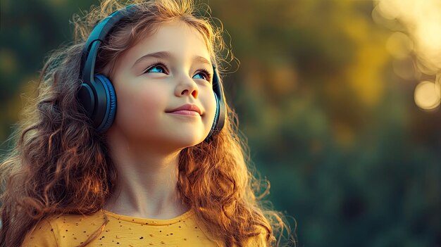 Closeup of a girl with headphones on enjoying music with plenty of copy space on the right