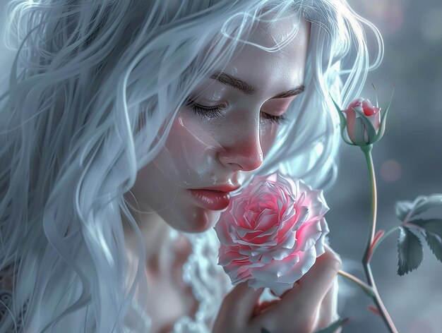 A closeup of a girl with silver hair holding a delicate pink rose in cold delicate tones to face