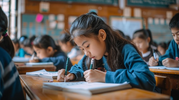 Closeup girl writing classroom children nearby