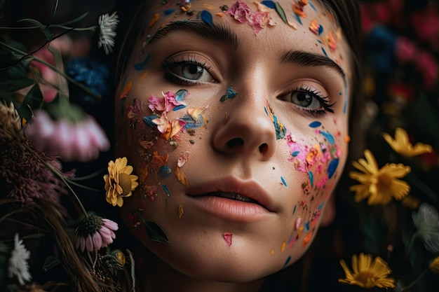 Closeup of girls face with colorful and delicate flowers blooming on her skin