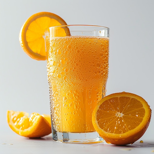 CloseUp Glass of 100 Orange Juice with Delicious Oranges