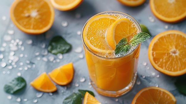 CloseUp Glass of 100 Orange Juice with Delicious Oranges