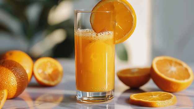 CloseUp Glass of 100 Orange Juice with Delicious Oranges