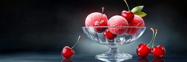 Photo closeup of a glass bowl filled with red cherryflavored ice cream balls and fresh cherries th