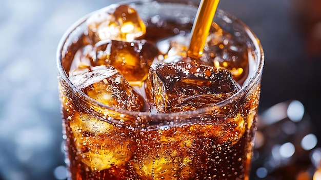 Photo closeup of a glass of cola with ice on a rustic background