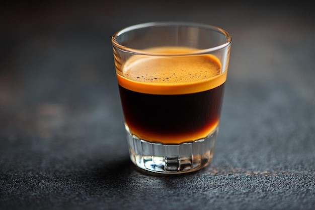 A closeup of a glass cup of espresso on a dark background t