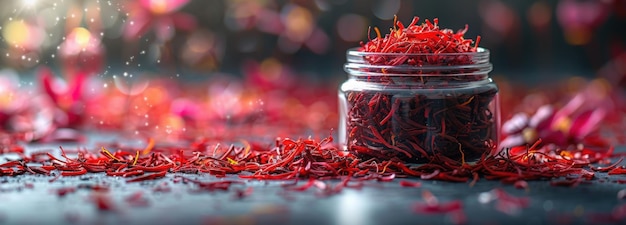 A closeup of a glass jar filled with dried saffron threads sitting on a dark surface with scattered threads surrounding the jar