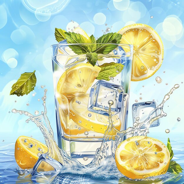 Photo closeup a glass and jar of icecold lemonade with slices of lemon and mint leaves summer with sea