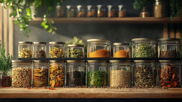 Closeup glass jars filled with various spices and herbs Arranged for easy access while cooking