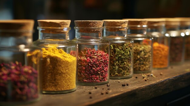 Closeup glass jars filled with various spices and herbs Arranged for easy access while cooking