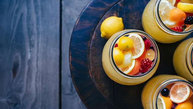 Closeup on glass jars with fresh fruit lemonade on the dark wooden table vertical