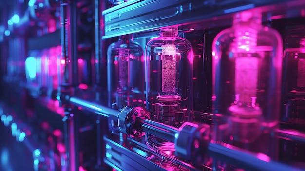 Photo closeup of glass vacuum tubes glowing in pink and blue neon light