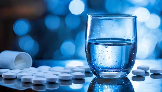 Closeup of glass of water and heap of round pills Health care and medicine concept Blue tones