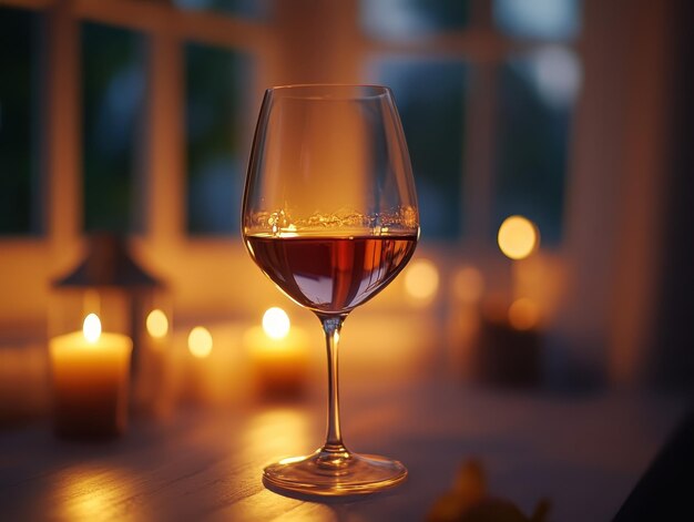 Photo closeup of a glass of wine swirling in a candlelit room