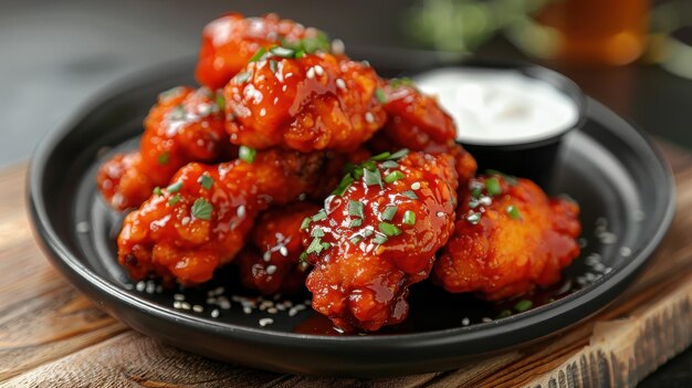 CloseUp of Glazed Chicken Wings With Sesame Seeds and Green Onions on a Black Plate