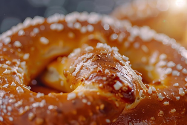 Closeup of a glazed pretzel with salt crystals