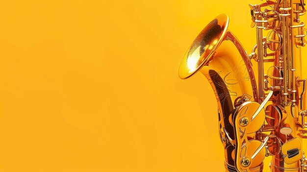 A closeup of a gleaming saxophones bell against a bright yellow backdrop