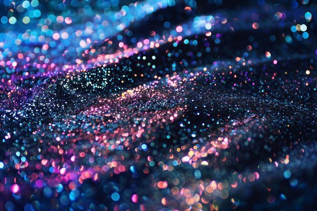 Photo closeup of a glittery surface with blue and pink reflective particles sparkly glittery surface with reflective particles