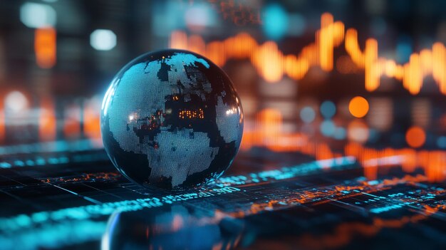 Photo closeup of globe on stock market chart blurred background with bokeh lights