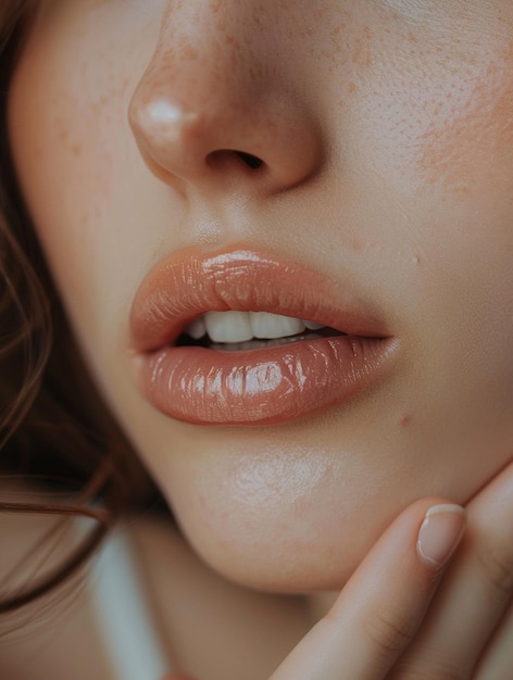 CloseUp of Glossy Lips and Freckled Skin Beauty and Skincare Concept