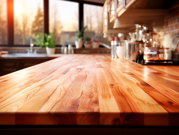 Closeup of a glossy wooden countertop in a kitchen with sunlight Generative AI Generative AI