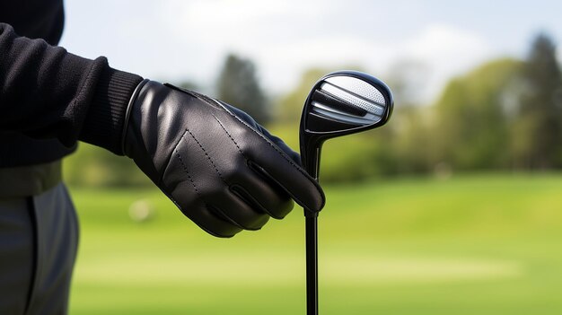 Photo closeup of gloved hand holding golf club outdoors