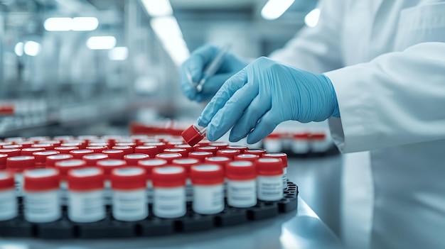 Closeup of a gloved hand holding a small redcapped vial in a laboratory setting