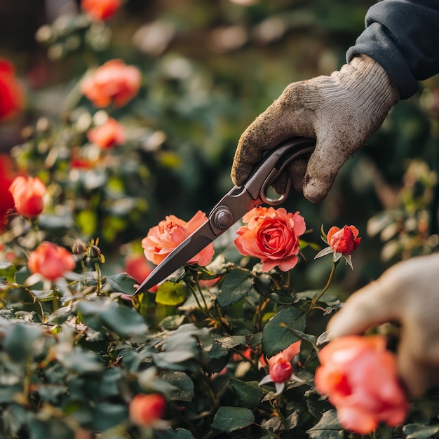 Photo closeup of a gloved hand using garden shears to prune a rose bush with pink flowers