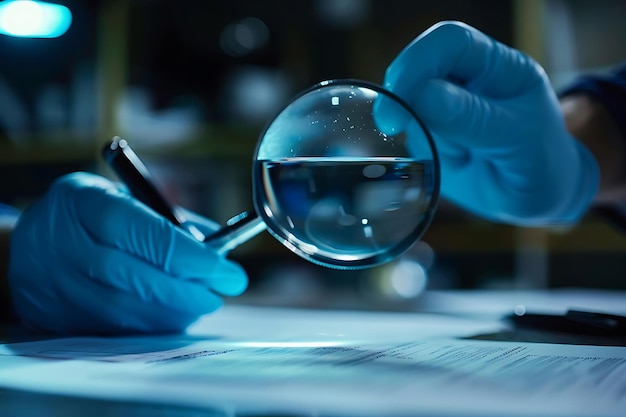 Photo closeup of gloved hands holding a beaker with blue liquid and a document photo