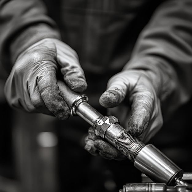 Closeup of gloved hands working on a metal part